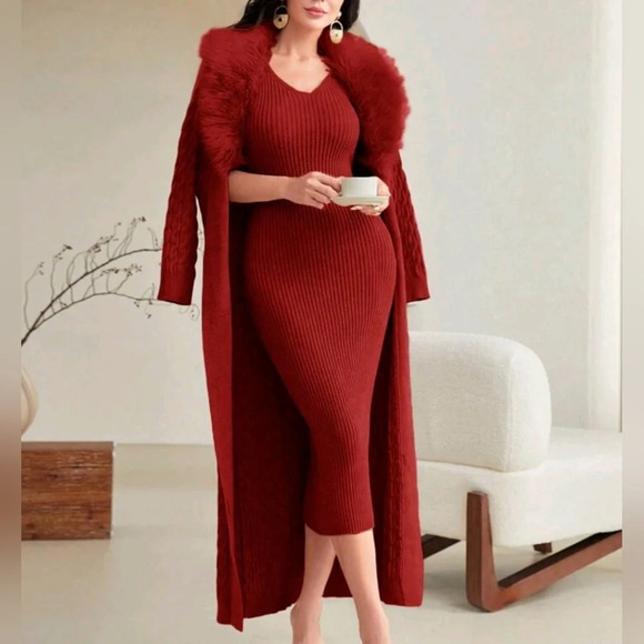 Modely 2pcs Set: Casual Solid Color Fur Collar Cardigan And Sweater Dress, - Picture 1 of 4